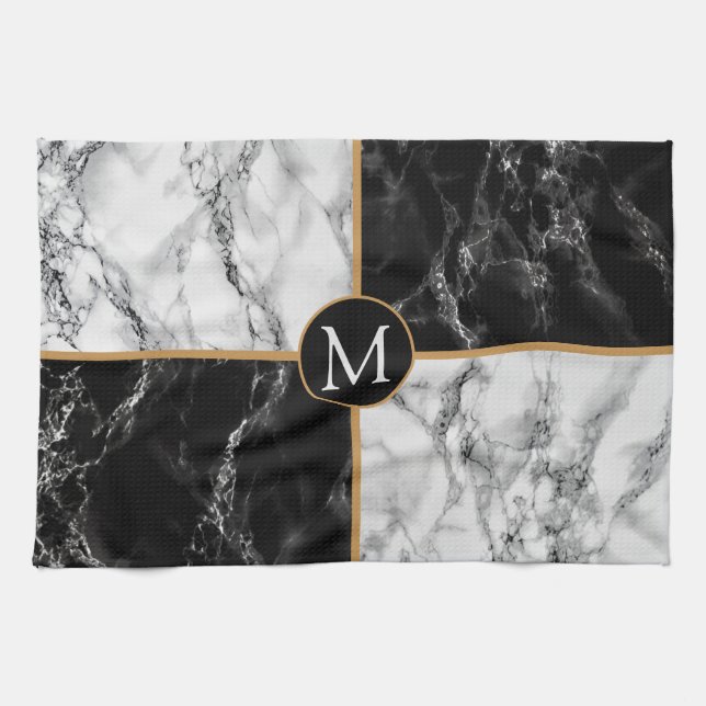 Black White Marble Kitchen Towel Custom Letter (Horizontal)