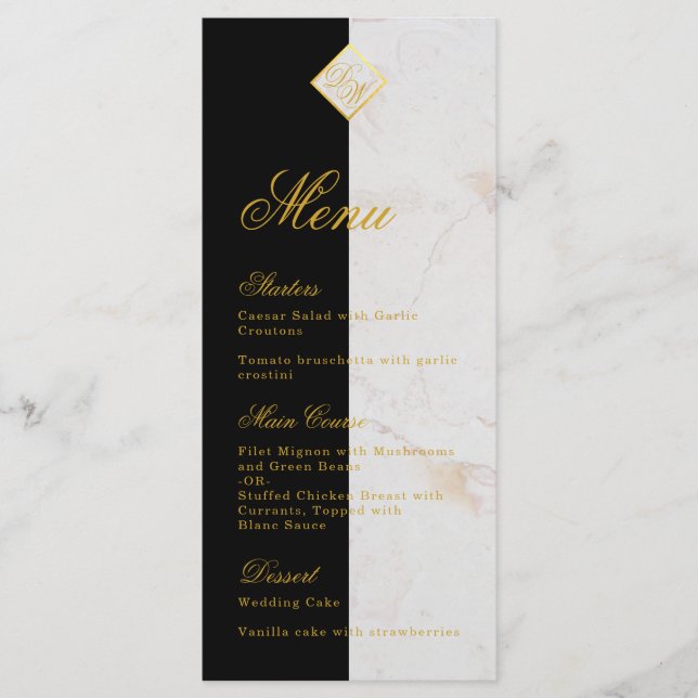Black White Marble Monogram Calligraphy Faux Gold  Menu (Front)