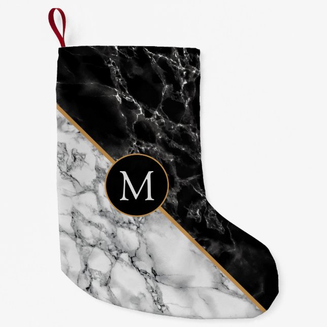 Black White Marble Monogram Christmas Stocking (Front)