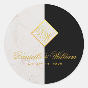 Black White Marble Monogram Gold Elegant Wedding Classic Round Sticker