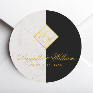 Black White Marble Monogram Gold Elegant Wedding Classic Round Sticker