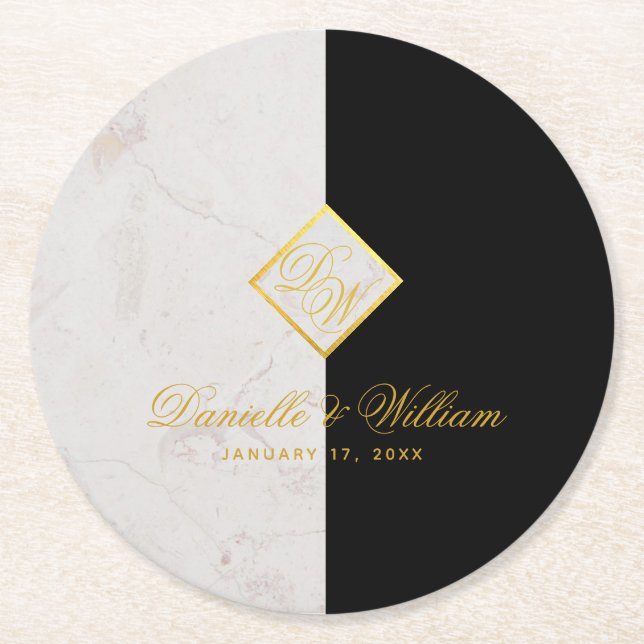 Black White Marble Monogram Gold Elegant Wedding Round Paper Coaster (Front)