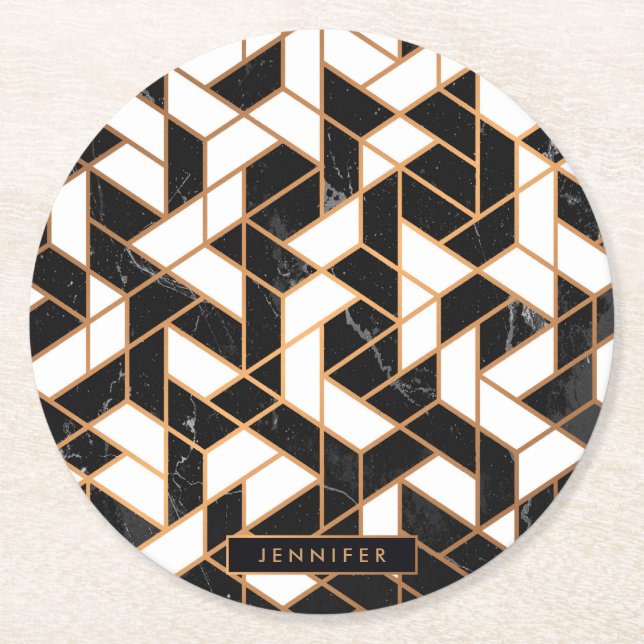 Black & White Marble Mosaic Round Paper Coaster (Front)