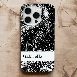 Black white marble name monogram line art modern  iPhone 15 pro case