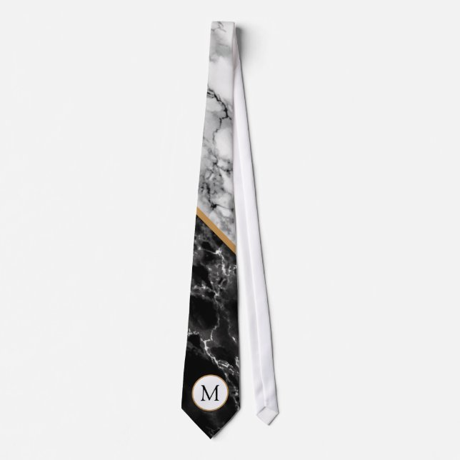 Black White Marble Neck Tie Personalized Letter  (Front)