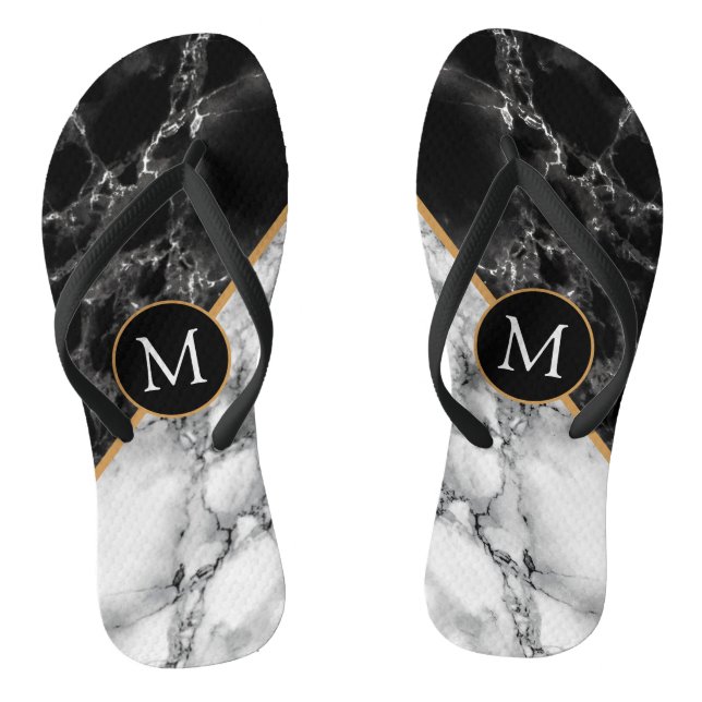 Black White Marble Personalized Letter Flip Flops (Footbed)