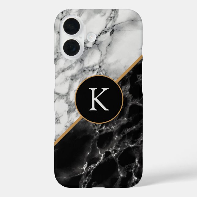Black White Marble Personalized Letter iPhone Case (Back)
