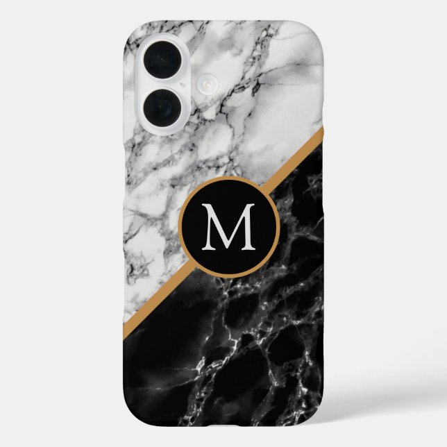 Black White Marble Personalized Letter Monogram Case-Mate iPhone Case (Back)