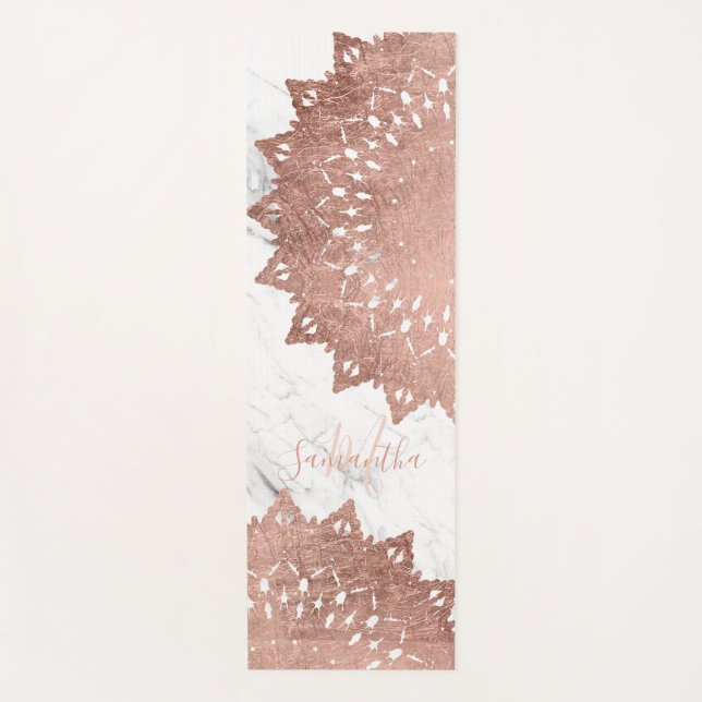 Black white marble rose gold boho mandala monogram yoga mat (Front)