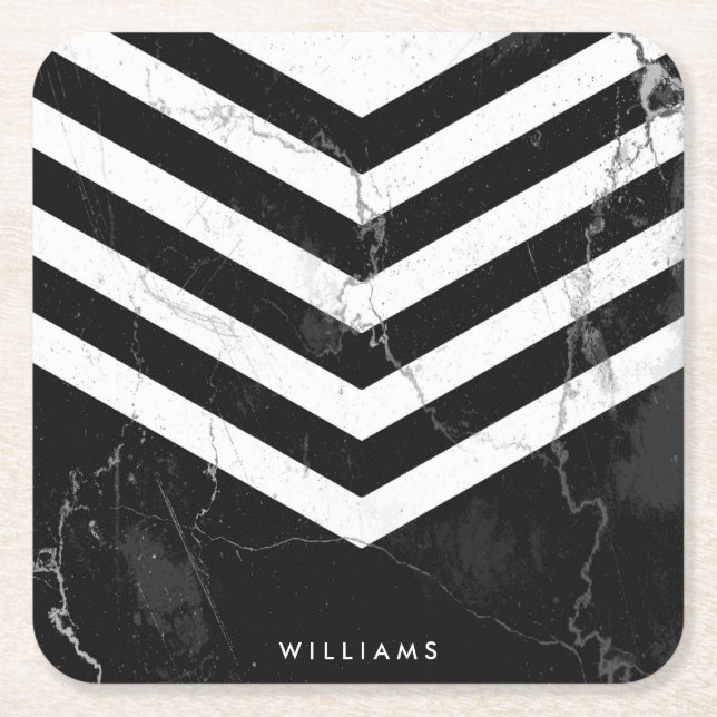 Black & White Marble Square Paper Coaster (Front)
