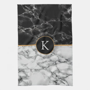 Black & White Marble Stone - Add Your Letter/More Kitchen Towel