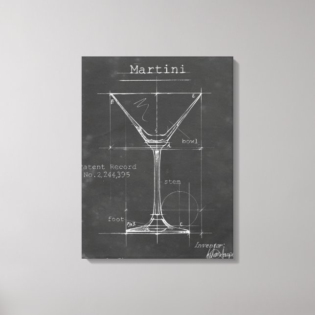 Black & White Martini Glass Blueprint Canvas Print (Front)