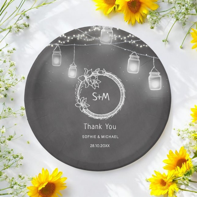 Black White Mason Jar Rustic Wedding  Paper Plate (Creator Uploaded)