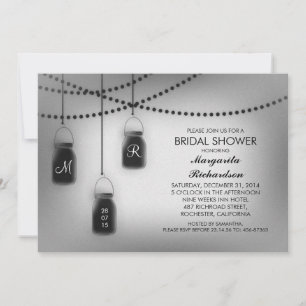 black & white mason jars lights bridal shower invitation