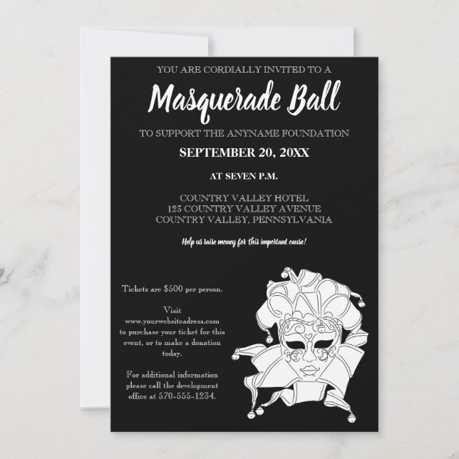 Black & White Masquerade Ball Fundraiser Gala Invitation (Front)