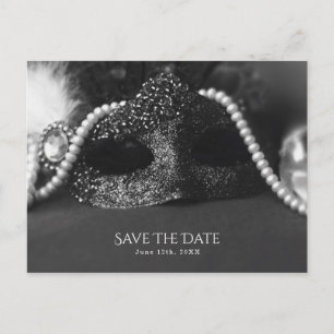 Black & White Masquerade Mask Pearls Save the Date Announcement Postcard
