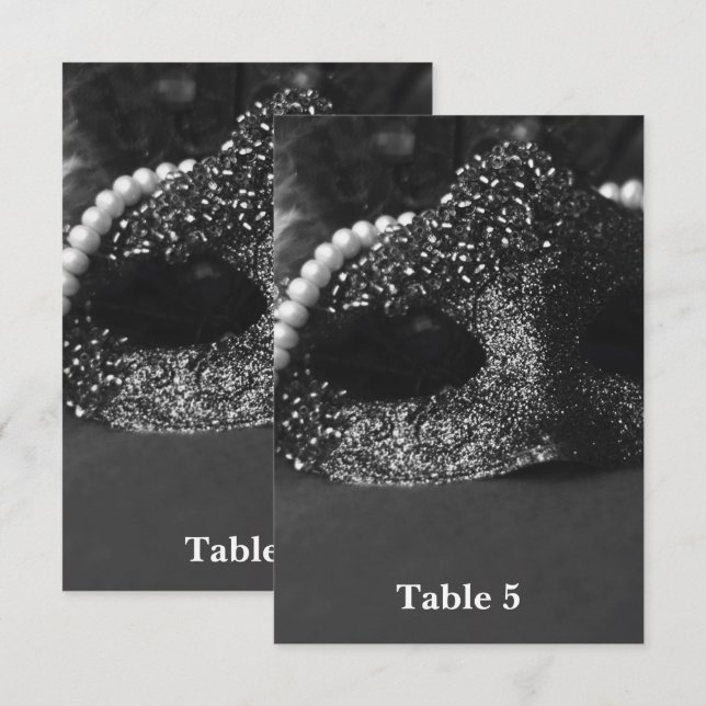Black & White Masquerade Mask Pearls Table Number (Front/Back)