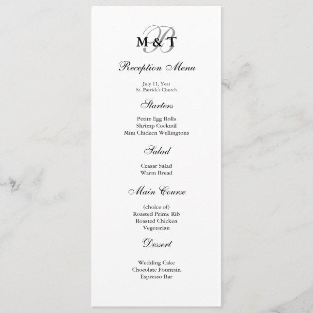 Black & White Matte Monogram Wedding Menu (Front)
