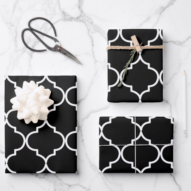Black & White Mediterranean Moroccan Pattern Wrapping Paper Sheet (Front)