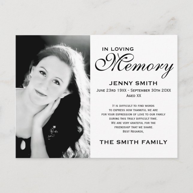 Black & White Memorial Family Acknowledgement Postcard (Front)