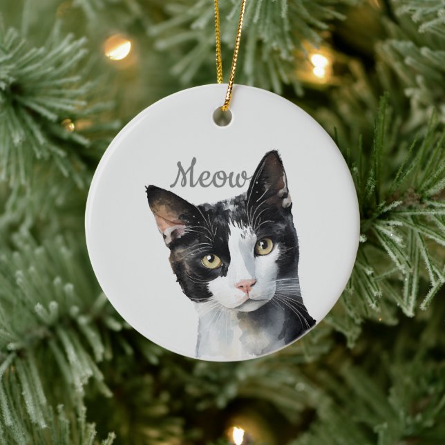 Black White Meow Cat  Ceramic Ornament (Tree)