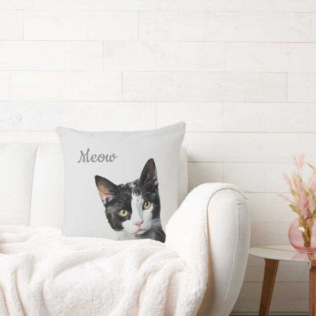 Black White Meow Cat  Throw Pillow (Couch)
