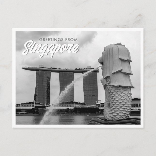 Black & White Merlion Greetings from Singapore Postcard (Front)