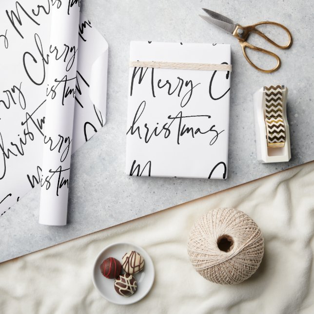 Black White Merry Christmas Script Gift Wrapping Paper (Crafts)