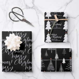 Black White Merry Christmas Tree Name Wrapping Paper Sheet