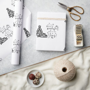 Black White Merry Christmas Trees Quote Gift Wrapp Wrapping Paper