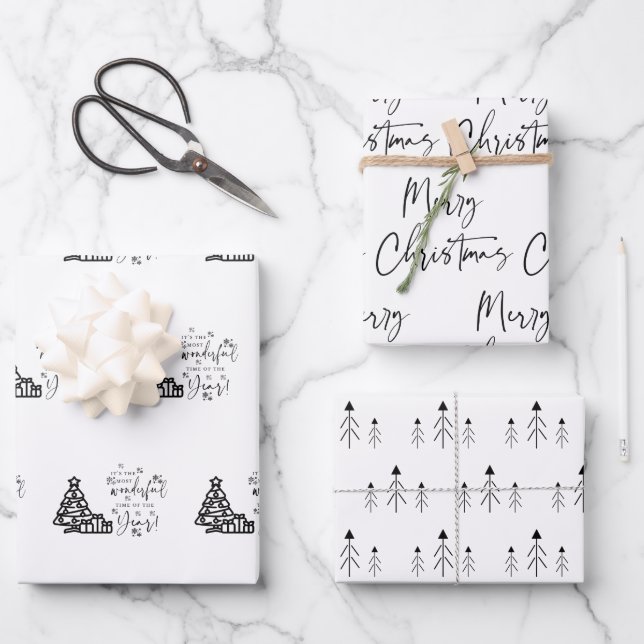 Black White Merry Christmas Trees Quote Gift Wrapping Paper Sheet (Front)