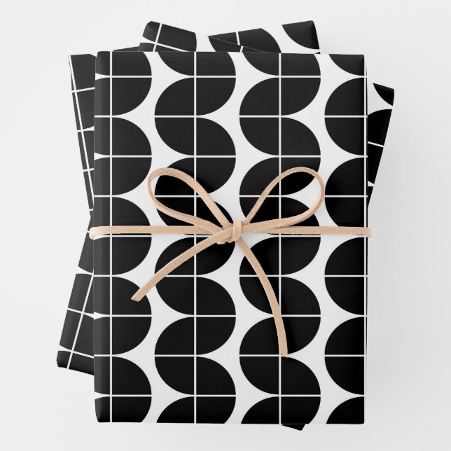 Black & White Mid Century Modern Abstract Pattern Wrapping Paper Sheet (In situ)