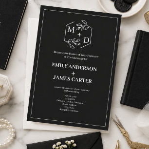 Black White Minimal Botanical Monogram Wedding Invitation