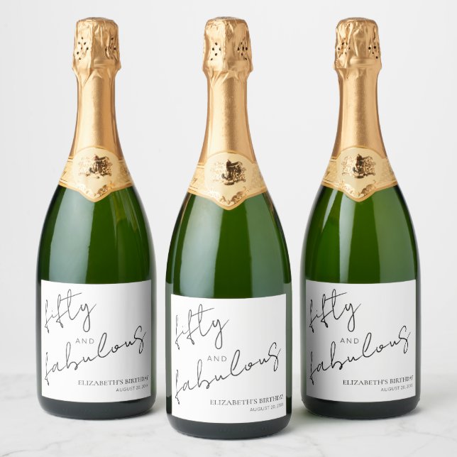 Black White Minimal Fifty and Fabulous Birthday Sparkling Wine Label (Bottles)
