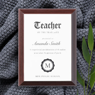 Black & White Minimal Logo Teacher of The Year Award Plaque