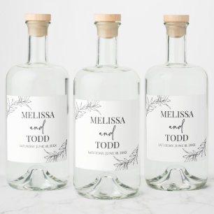 Black White Minimal Minimalist Branch Leaf Wedding Liquor Bottle Label