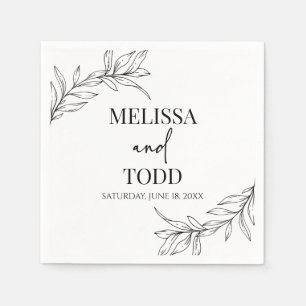 Black White Minimal Minimalist Branch Leaf Wedding Napkin