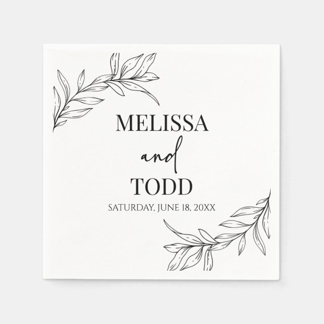 Black White Minimal Minimalist Branch Leaf Wedding Napkin (Front)