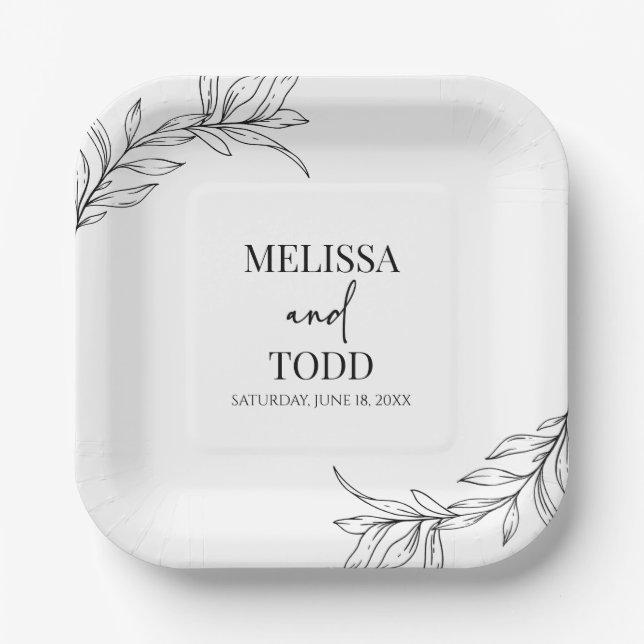 Black White Minimal Minimalist Branch Leaf Wedding Paper Plate (Front)