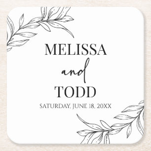 Black White Minimal Minimalist Branch Leaf Wedding Square Paper Coaster