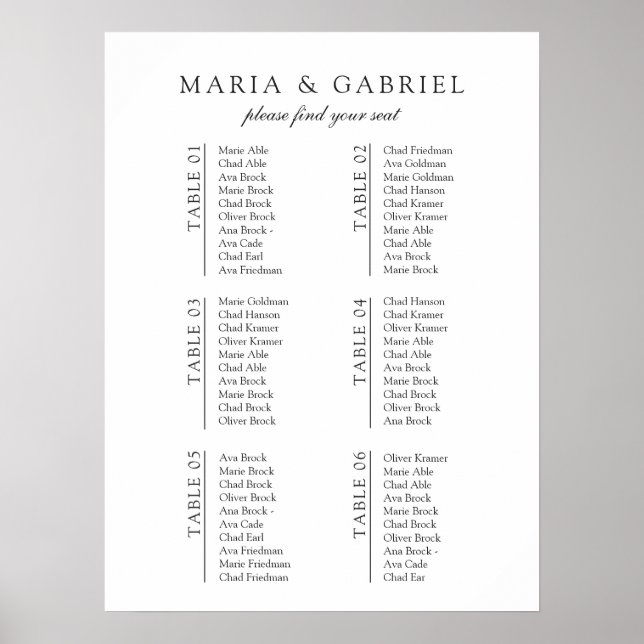 Black white. Minimal modern Wedding Seating Chart (Front)