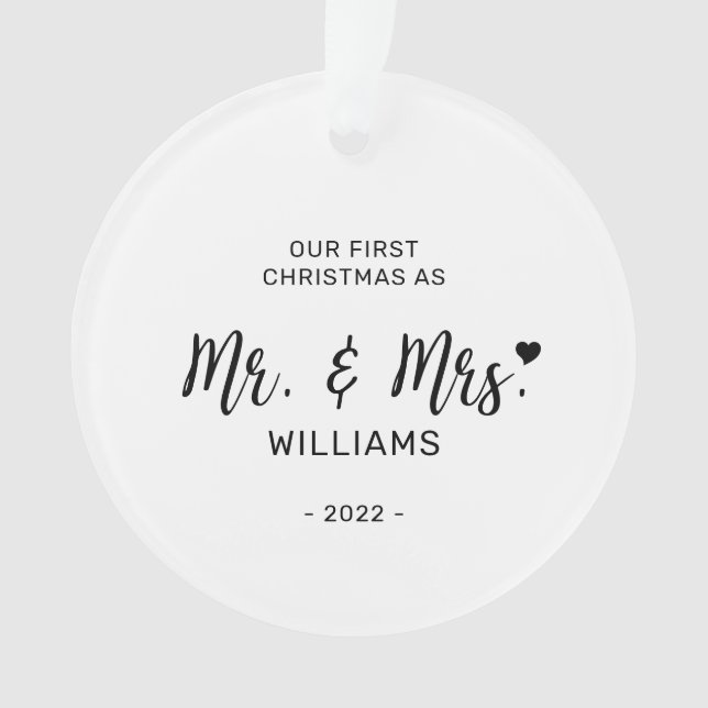 Black & White Minimal Mr Mrs First Christmas Photo Ornament (Front)