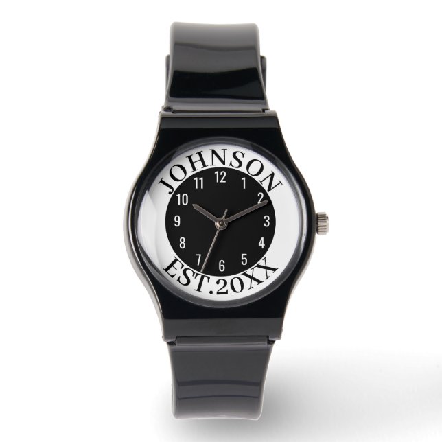 Black & White Minimal Personalized Family Name Est Watch (Front)