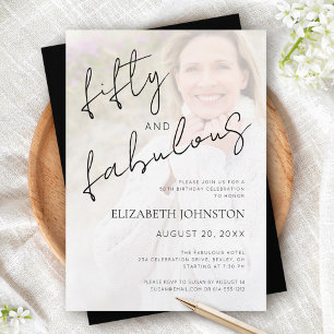 Black White Minimal Photo 50 and Fabulous Birthday Invitation