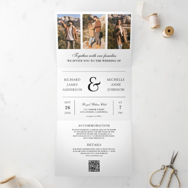 Black White Minimal Photo Collage QR Code Wedding Tri-Fold Invitation (Inside)