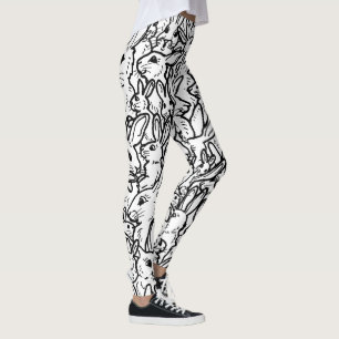 Black & White Minimal Rabbit Bunny Line Drawings Leggings