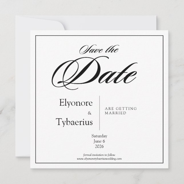 Black & White Minimal Square Wedding Save the Date Card (Front)