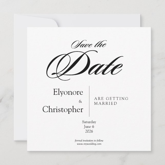 Black& White Minimal Square Wedding Save the Date Card (Front)