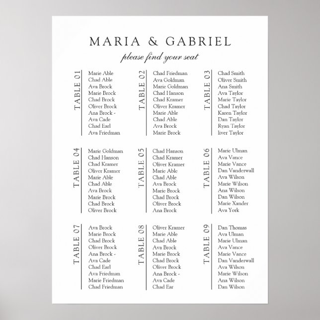 Black white. Minimal stylish Wedding Seating Chart (Front)