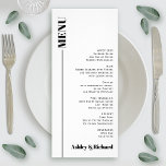 Black, white minimal typography wedding menu card<br><div class="desc">This minimalist, elegant and understated wedding menu card showcases a clean and modern typography design. The card is beautifully crafted in a pristine white colour, with a sleek vertical line running along the left side. The clever use of the word "MENU" creates an illusion of it stretching towards the top...</div>